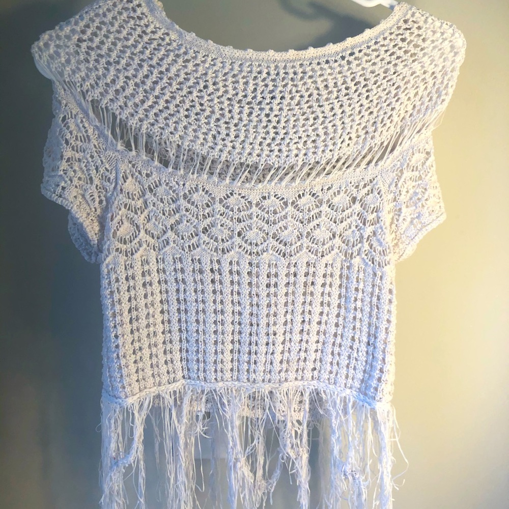 BEBE crochet fringe bohemian cover up top